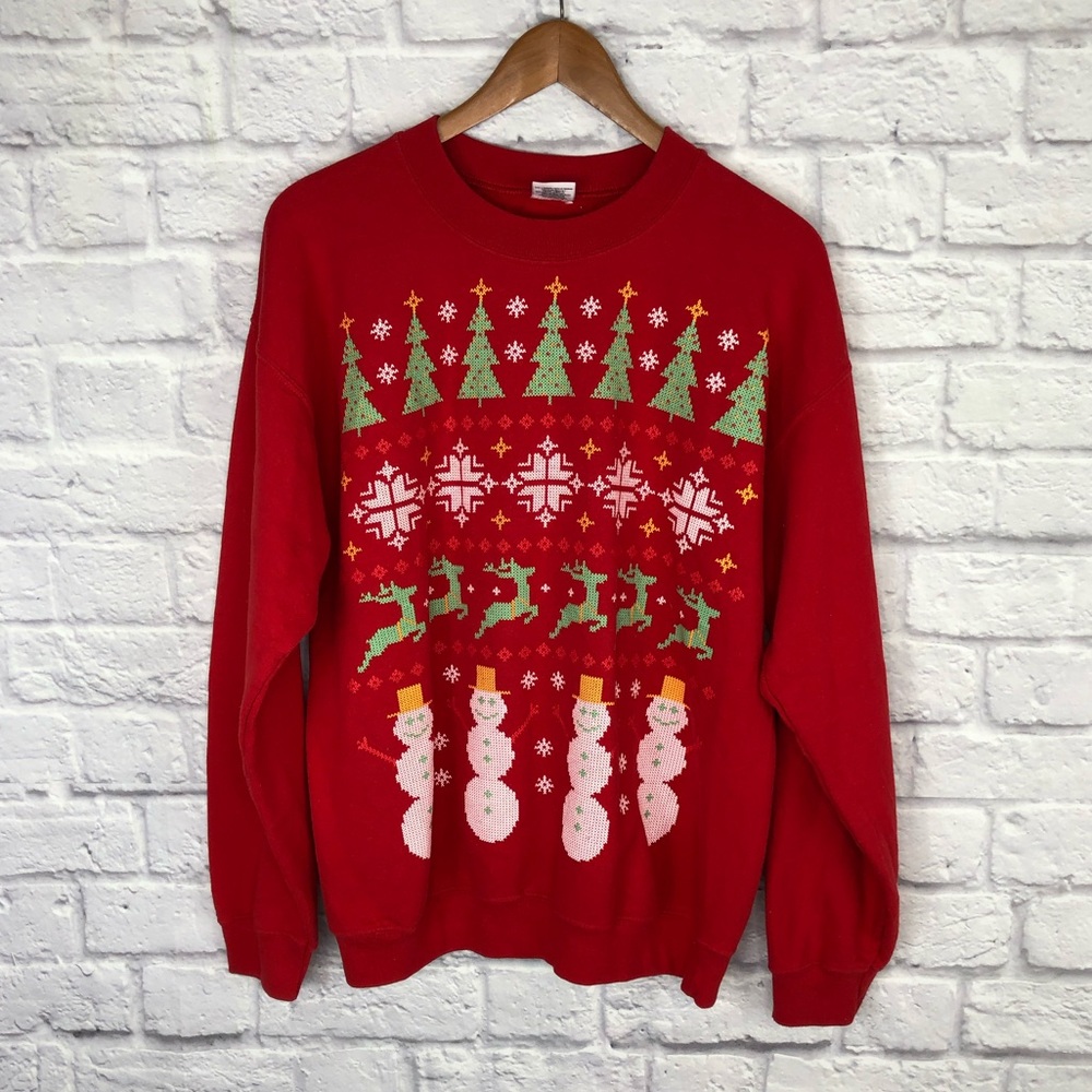 Christmas Sweater Red Snowman Trees